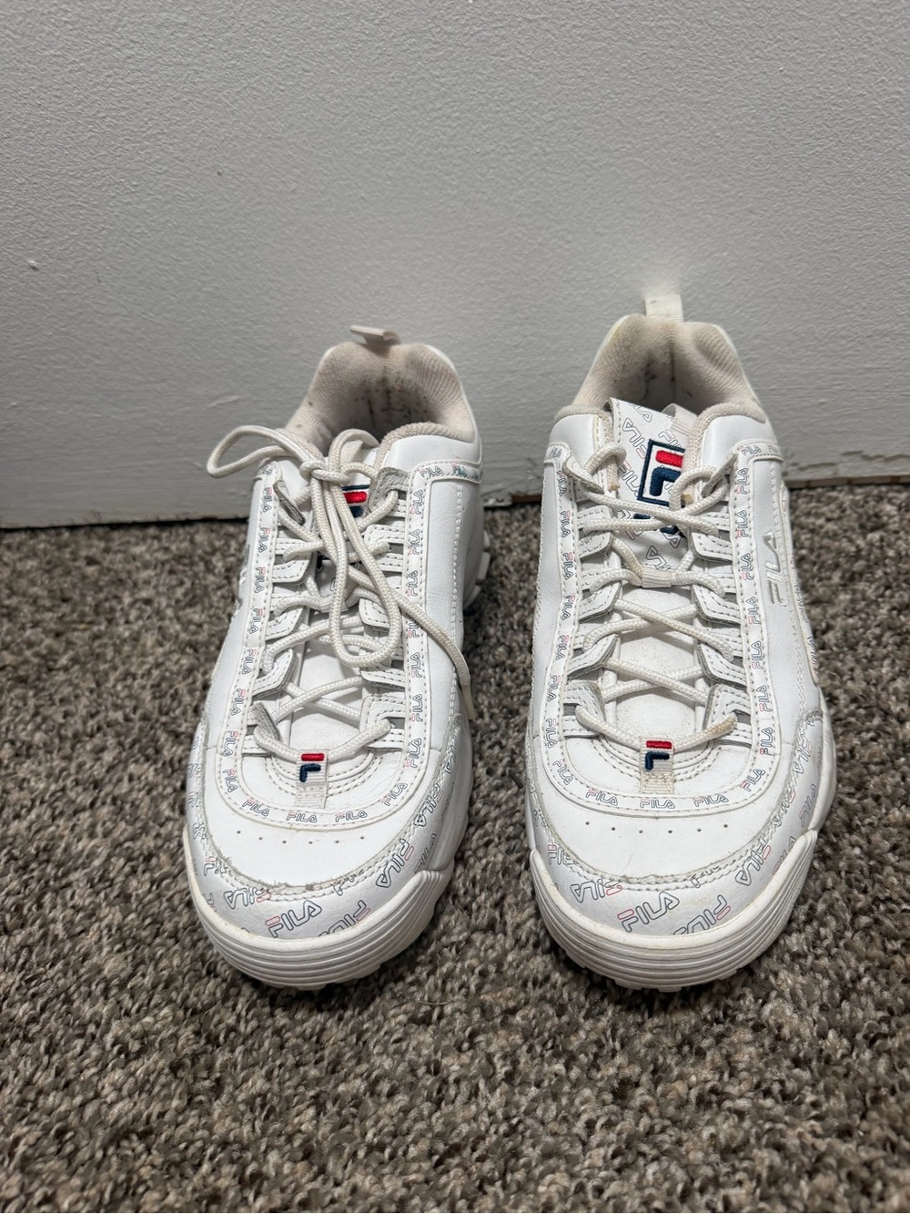 Fila White Low-Top Chunky Logo Sneakers with Red & Blue Accents